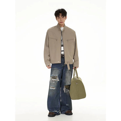 spring autumn fashion motorcycle jacket men stand collar loose casual korean streetwear vintage cargo jackets coat outerwear multi-pocket cargos