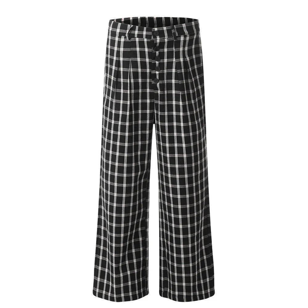 men women american streetwear fashion loose plaid wide leg straight pant boyfriend button down sports casual pants trousers unique default style 1418
