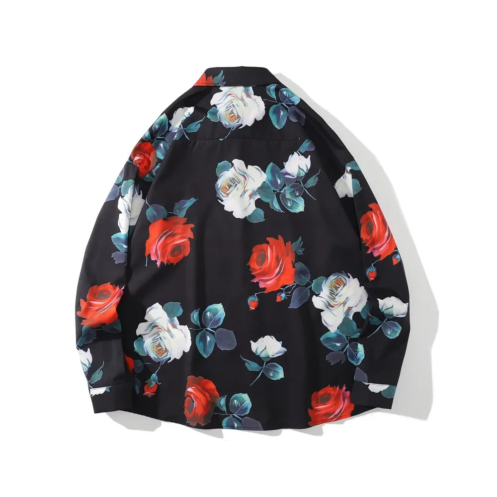 Dark Icon Floral Loose Men's Shirt Long Sleeve Autumn Oversized Shirt Man Black White Street King Limited