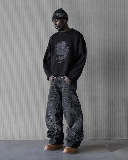hip hop y2k retro black baggy jeans for men punk raw edge embroidery jeans vintage pattern patchwork high waisted denim pants unique jeans style 874
