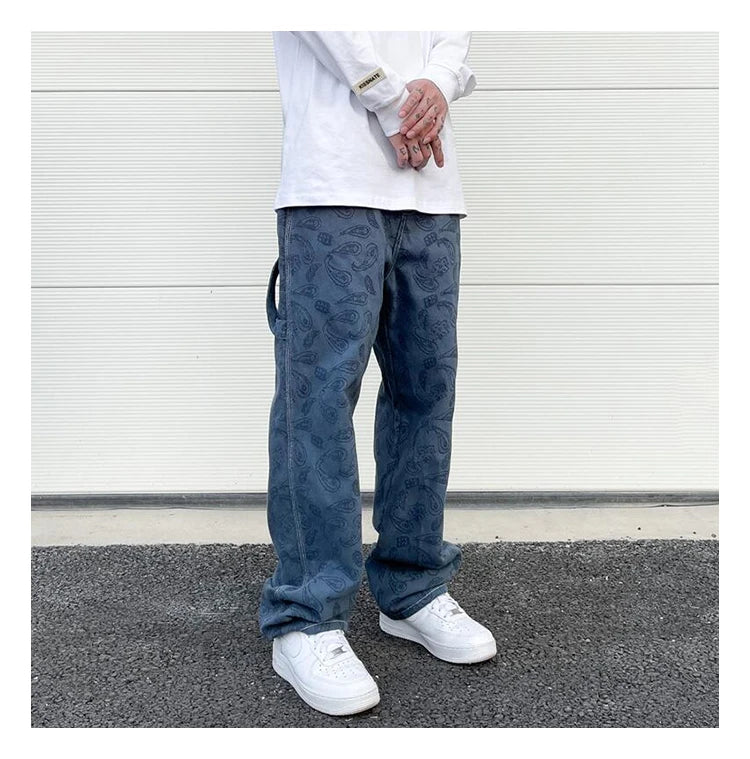 hip hop straight denim jeans pants fashion zipper paisley jeans streetwear mens new casual loose trousers jean pants joggers unique joggers style 3045
