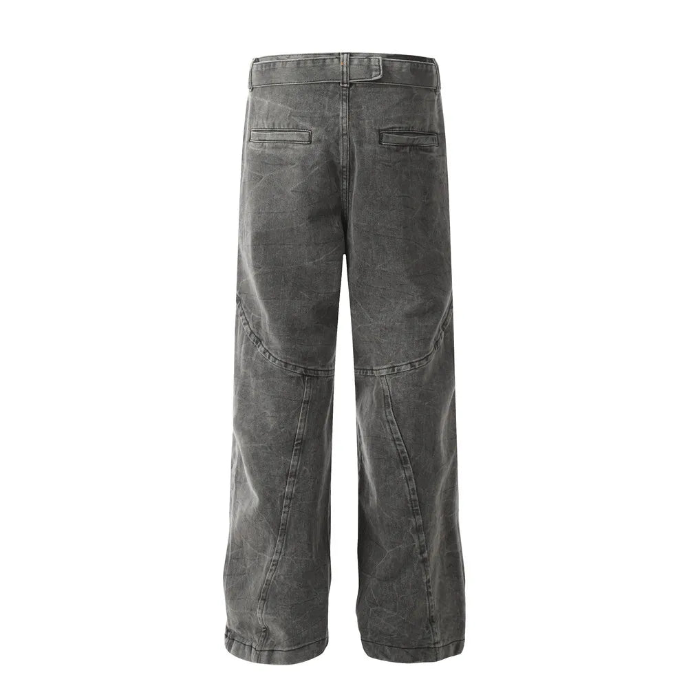american high street vibe fashion splice jeans mens belt loose casual vintage wide leg straight denim baggy jeans pants trouser unique jeans style 1371