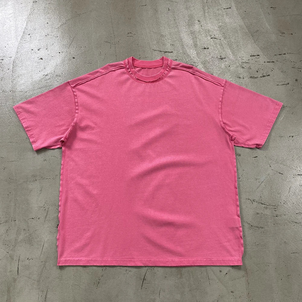 2024 Summer New Washed Oversized Tshirt Worn Out Retro Distressed Tee Raw Edge Men's Cotton Short Sleeved Tie Dyeing T-shirt Street King Limited