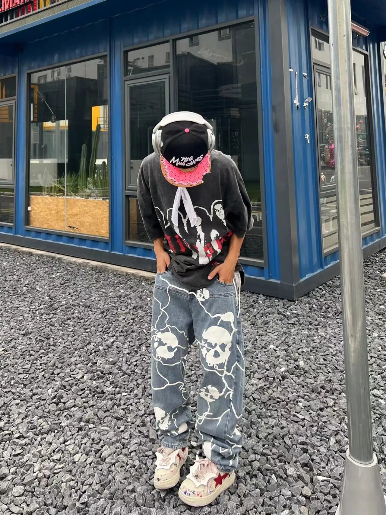 fashion lightning skull printed denim jeans mens unisex casual zipper straight jeans streetwear hip hop y2k jean pants joggers unique joggers style 5196