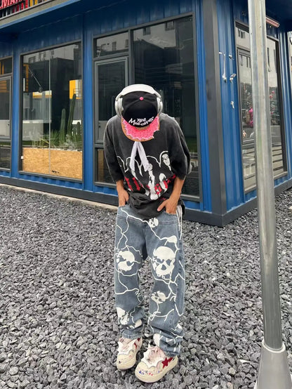 fashion lightning skull printed denim jeans mens unisex casual zipper straight jeans streetwear hip hop y2k jean pants joggers unique joggers style 5196