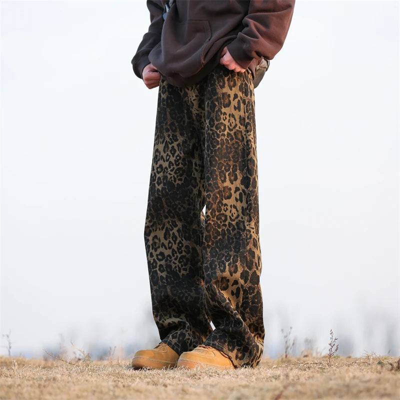 Leopard Print Jeans Men Fashion Retro Wide Leg Jeans Men Streetwear Hip-hop Loose Straight Jeans Mens Vintage Denim Trousers Street King Limited
