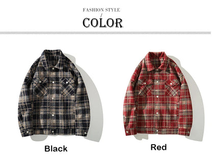 american retro red plaid jacket england style couple shirt jackets autumn new unisex coat three dimensional pockets design unique default style 5747