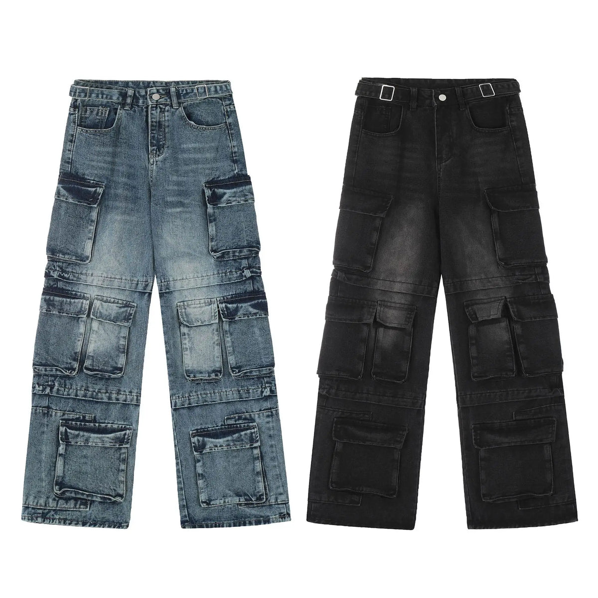 vintage multi pocket jeans mens harajuku cargo denim pants retro hip hop straight loose jean pants men clothing combat utility trousers