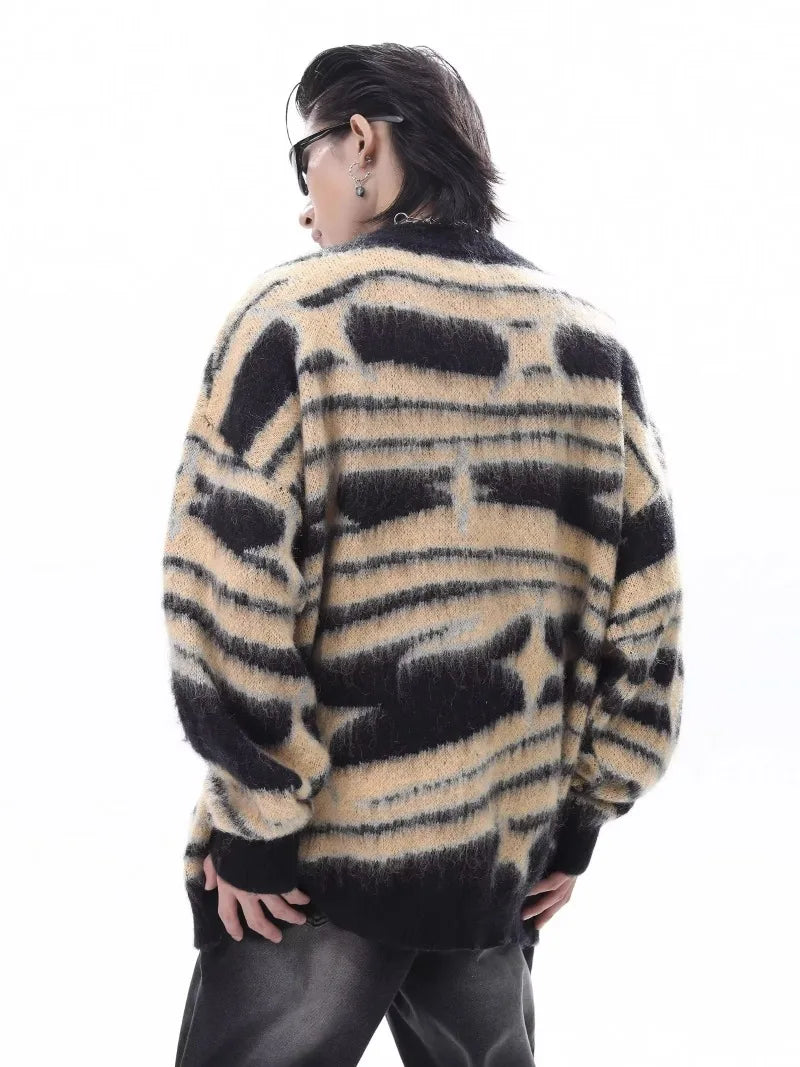 japanese hip hop sweater set men contrast zebra pattern round neck knit top splicing distressed loose jeans 2 pcs harajuku suit unique jeans style 3947