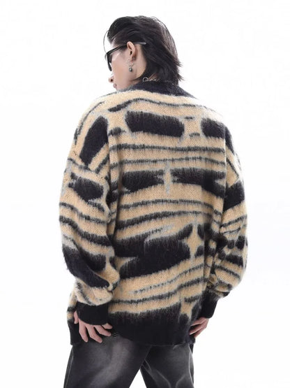 japanese hip hop sweater set men contrast zebra pattern round neck knit top splicing distressed loose jeans 2 pcs harajuku suit unique jeans style 3947