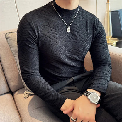 Semi-turtleneck Stretch Slim Fit T Shirt Men Long Sleeve Thicken Velvet Tiger-pattern Bottom T-shirt Business Casual Tshirt Street King Limited