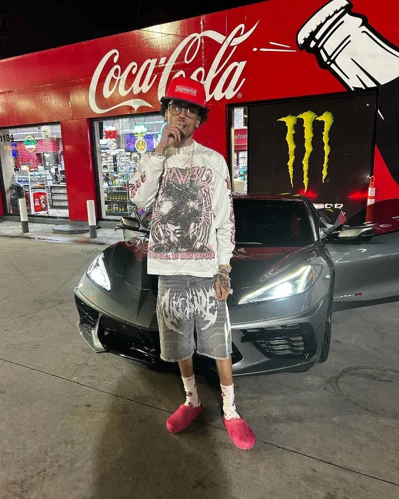 American Street Hip-hop Oversized Pullover Punk Goth Pattern Printed Long-sleeved Top Men Harajuku Trendy Brand Clothing Casual Street King Limited