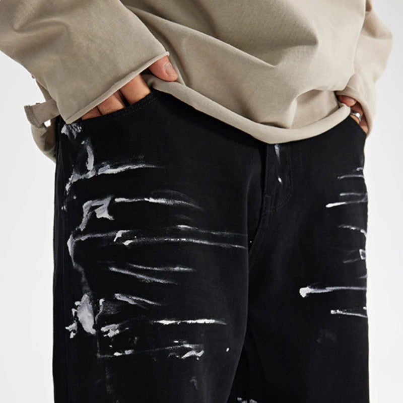 fashion graffiti printed denim jeans mens unisex casual zipper straight jeans streetwear hip hop loose black jean pants joggers unique joggers style 3265