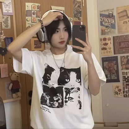 2024 Summer Cute Cat Print T shirt Fashion Y2K Loose personality Fresh Retro Simple Harajuku kawaii clothes Short Sleeve Top Street King Limited