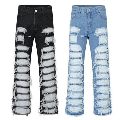 fashion destroyed ripped tassel holes denim jean pants mens casual loose straight baggy y2k jeans hip hop streetwear joggers unique joggers style 4480