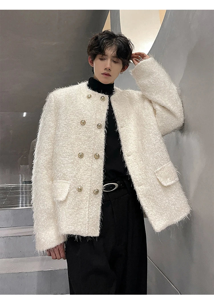 men double breasted french streetwear retro fashion loose casual tassels woolen short jacket man korean coat outerwear unique shorts style 1279