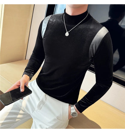 Turtleneck Stretch Slim-fit T-shirt Men Long Sleeve Thicken Elastic Velvet Retro Fashion Casual Tshirt Handsome Man T Shirts Street King Limited