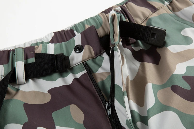 Street Wear Functional Camouflage Cargo Trousers Men Waterproof Pockets Pleated Zip Up Tapered Pants Nylon Belt Men's Clothes Street King Limited