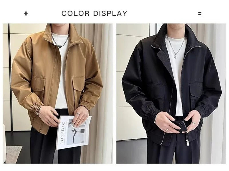 autumn solid color cargo jackets for men new korean fashion zipper cardigan coats stand collar streetwear bomber jacket hombre unique cargo style 1658