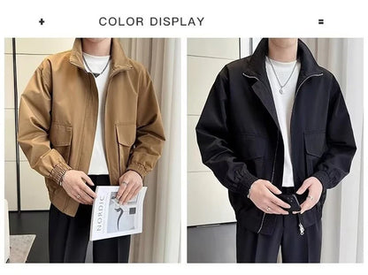 autumn solid color cargo jackets for men new korean fashion zipper cardigan coats stand collar streetwear bomber jacket hombre unique cargo style 1658