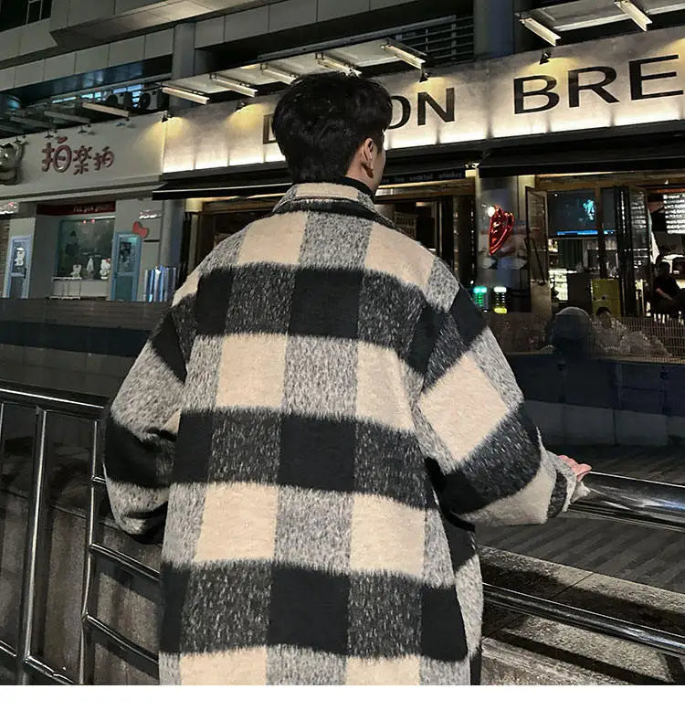 plaid woolen trenchcoat men autumn winter fashion retro streetwear suit collar loose casual trendy trench coat outerwear unique default style 1186