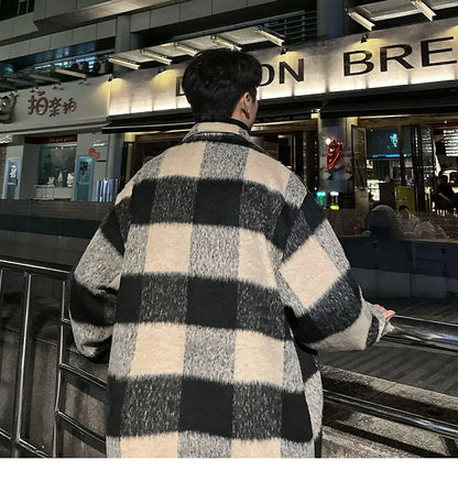 plaid woolen trenchcoat men autumn winter fashion retro streetwear suit collar loose casual trendy trench coat outerwear unique default style 1186