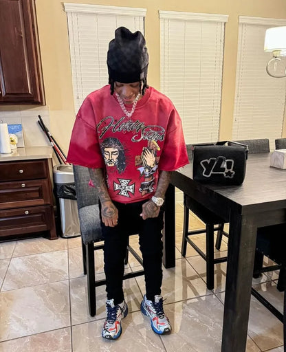 Trendy Brand Fashion Versatile Loose Half-sleeved Top Men Y2k Harajuku Hip-hop Rock Anime Cartoon Printed Short-sleeved T-shirt Street King Limited