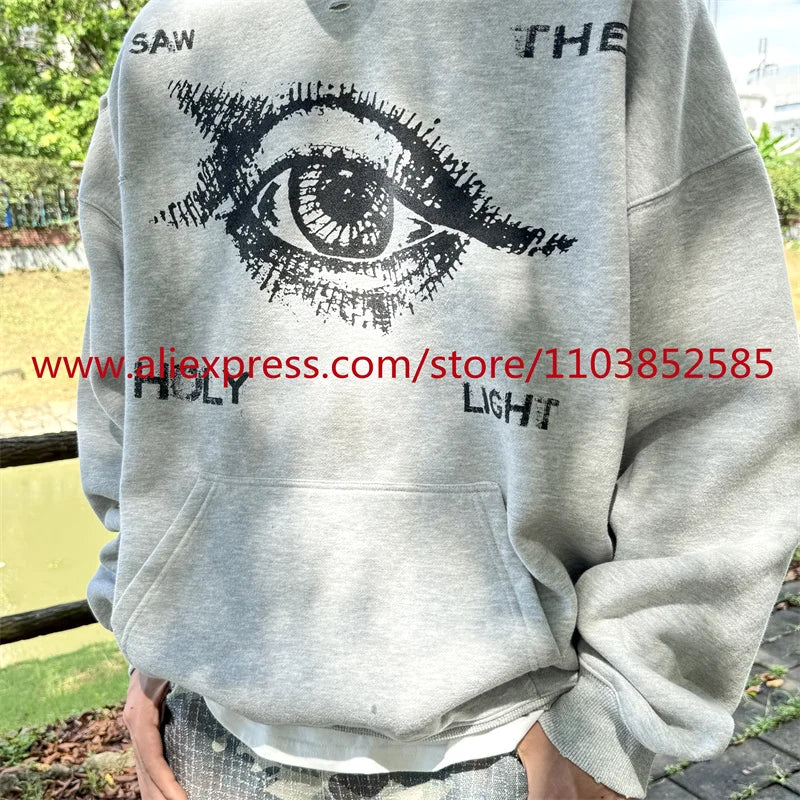 New 2024 Autumn/Winter Vintage Heavy American Hoodie Men's Long Sleeve High Quality Tops High Street Eye Print Casual Fashion Street King Limited