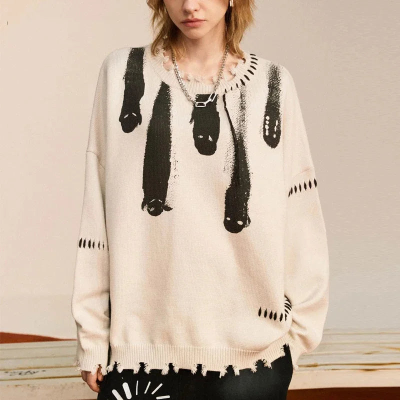 Hip Hop Sweaters Men Streetwear Y2K Grunge Ripped Ghost Punk Gothic Knitted Jumpers Autumn Harajuku Casual Pullover Sweaters Street King Limited