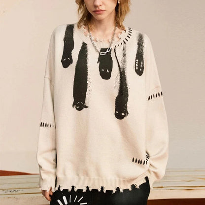 Hip Hop Sweaters Men Streetwear Y2K Grunge Ripped Ghost Punk Gothic Knitted Jumpers Autumn Harajuku Casual Pullover Sweaters Street King Limited