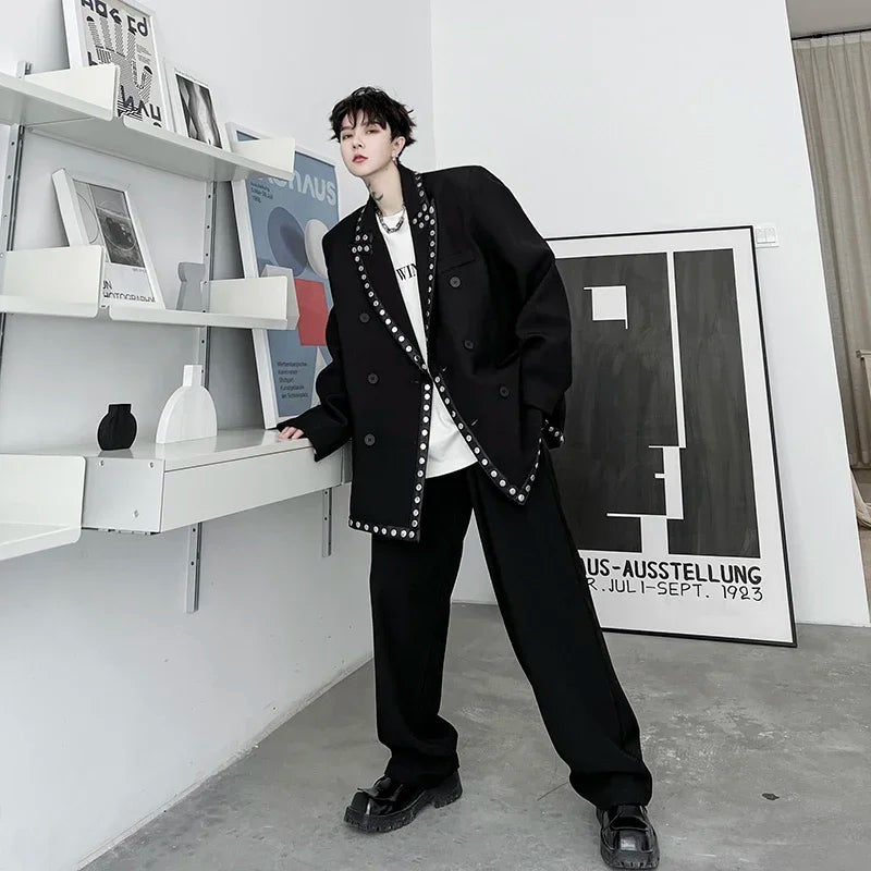 men streetwear fashion loose casual rivet hip hop party dress 2 piece suits blazers jacket pant sets stage clothing costume menswear bottoms