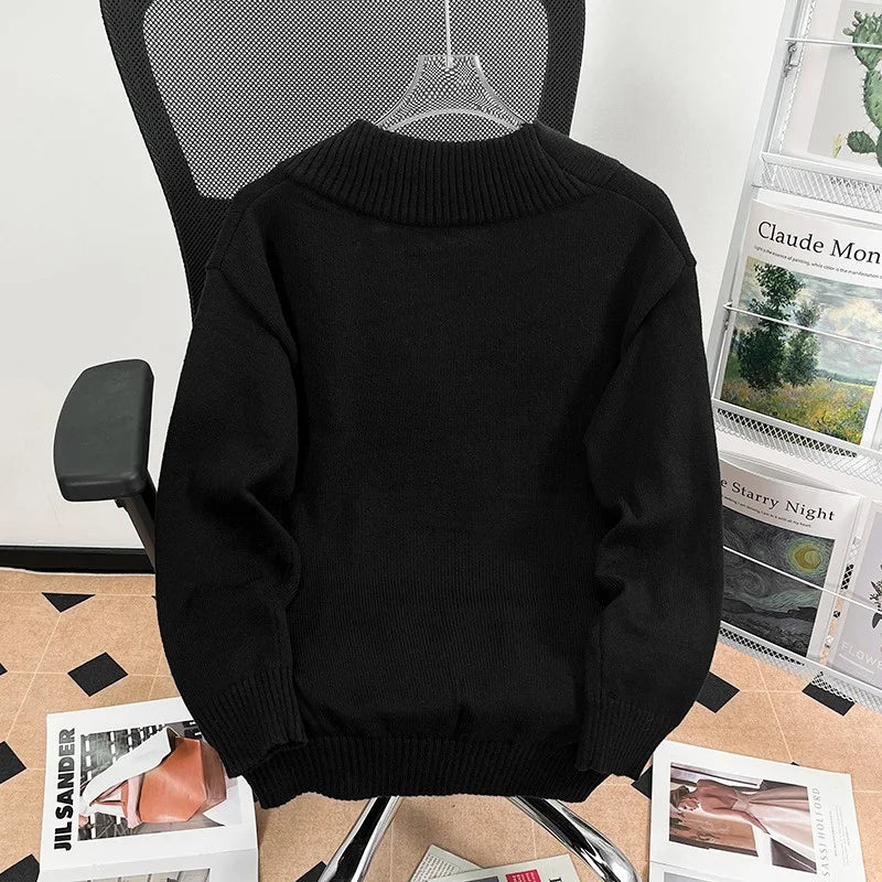 New Men's Scarf Collar Striped V-neck Sweater Female Long Sleeve Autumn Knitted Jumpers Korean Fashion Y2K Patchwork Knitwear Street King Limited