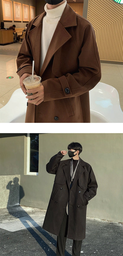 Men's Autumn Winter Mid Length Woolen Coat New Korean Tide Black Thickned Overcoat Long Sleeve Double-breasted Jackets Street King Limited
