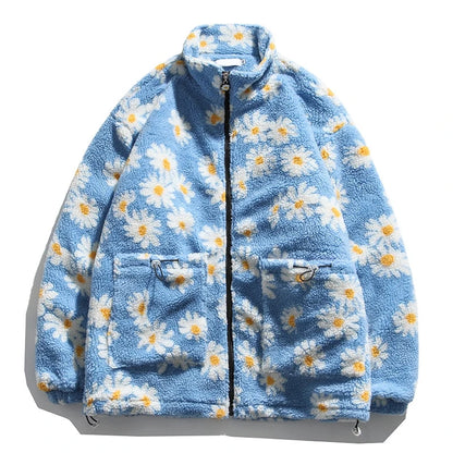 rainbowtouches cotton padded thick parkas jackets streetwear hip hop daisy print fleece warm full zip coats harajuku outwear minimalist street pants