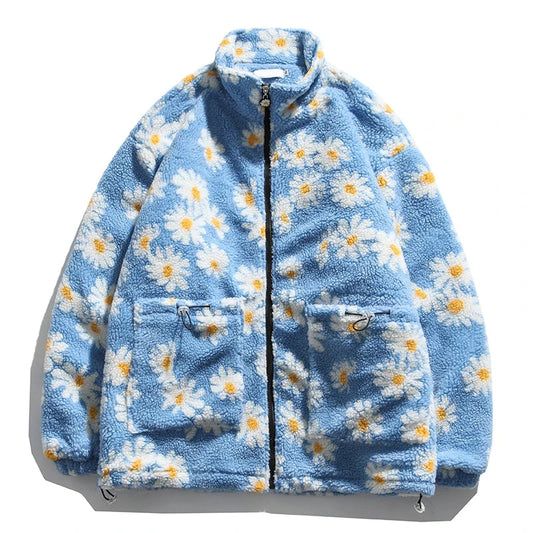 rainbowtouches cotton padded thick parkas jackets streetwear hip hop daisy print fleece warm full zip coats harajuku outwear minimalist street pants