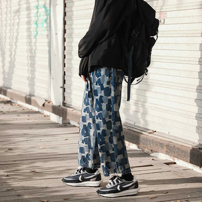 american plaid straight jeans mens casual streetwear printed denim pants autumn baggy classic wide leg retro y2k jean trousers urban skinny jeans