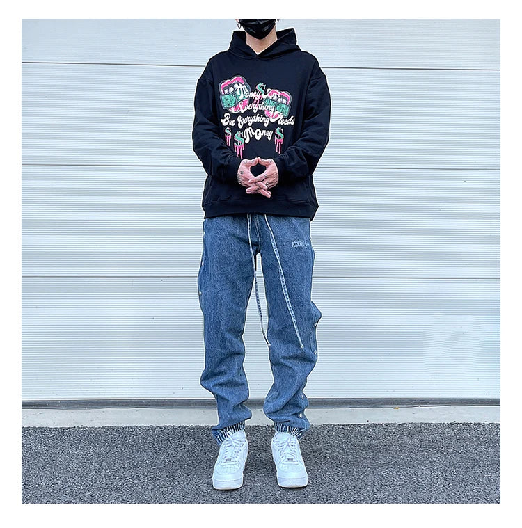 washed distressed denim sweatpant cashew flower patchwork oversized splice buckle jogging jeans casual button baggy men clothing unique joggers style 3348