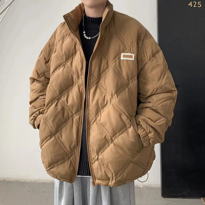 Winter personalized diamond grid cotton coat for men loose stand up collar trend for couples American loose retro casual top y2k Street King Limited
