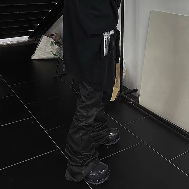 y2k streetwear wax leather strecth jeans for men and women ropa hombre baggy flare pants oversized straight denim trousers unique jeans style 4101