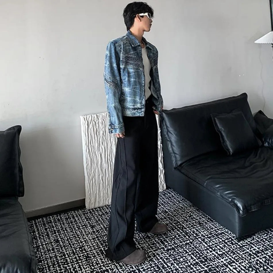 vintage washed mens denim jacket heavy weight high street contour pleat design cowboy coats short motorcycle hip hop outwear unique jeans style 3699