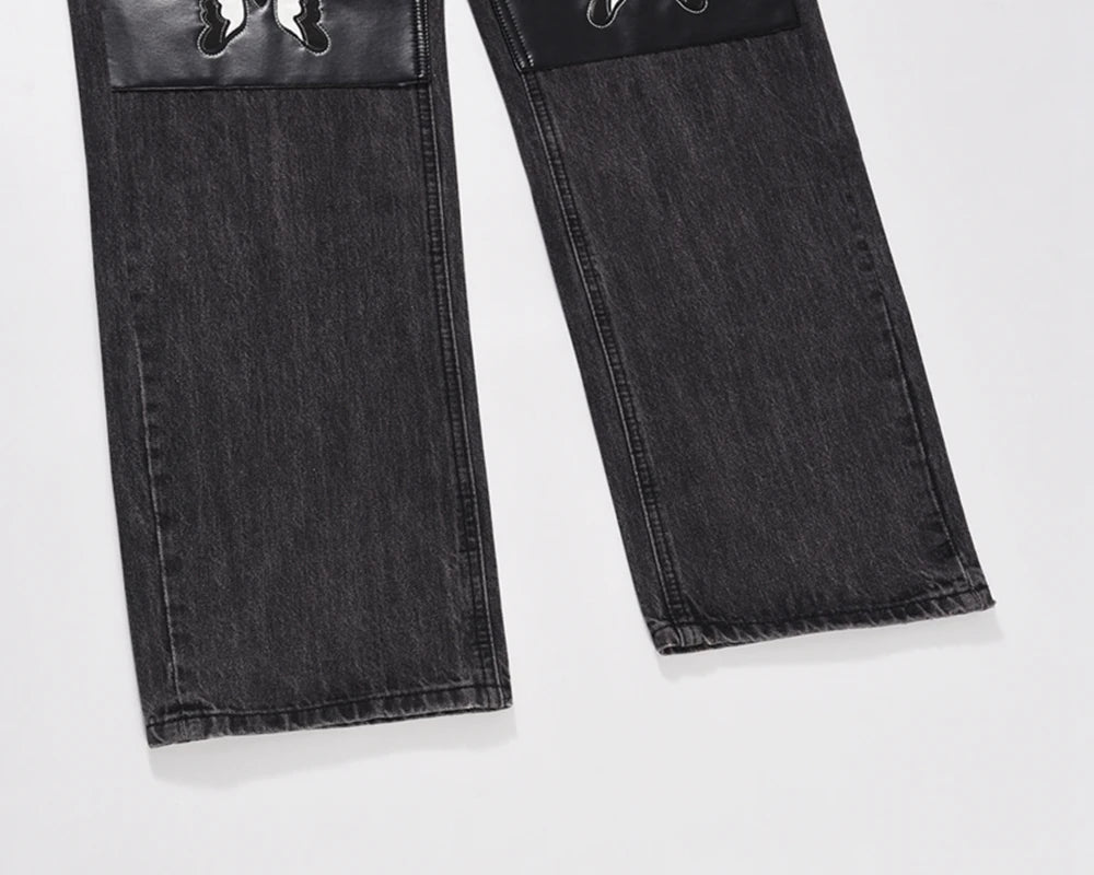 retro pu leather butterfly embroidery black jeans for men straight patchwork casual baggy denim pants loose jean trousers ripped baggy denim