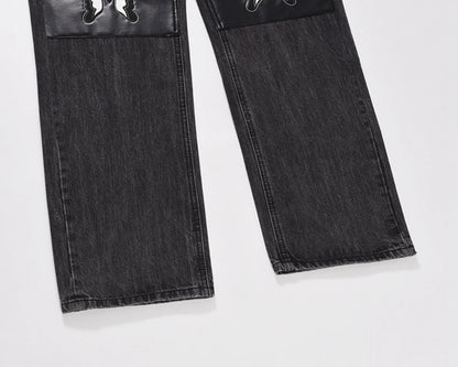 retro pu leather butterfly embroidery black jeans for men straight patchwork casual baggy denim pants loose jean trousers ripped baggy denim
