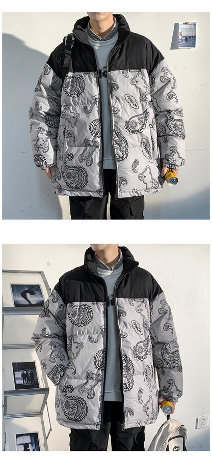 Men Japanese Streetwear Puffer Jackets 2023 Winter Mens Full Print Fashions Bubble Coat Couple Patchwork Thick Parkas Street King Limited