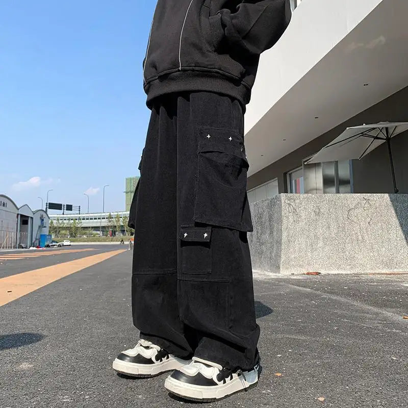 american hip hop large pocket workwear pants for men and women in autumn trend loose fitting straight leg casual wide leg pants unique default style 4779