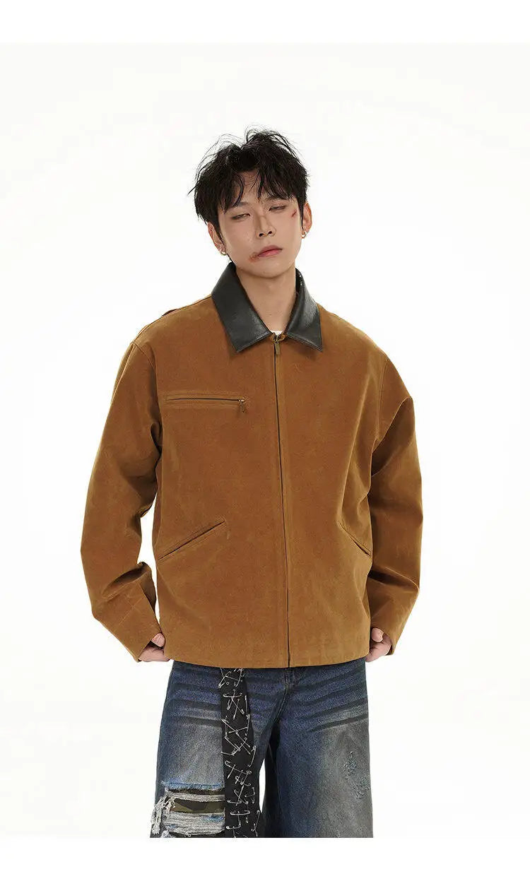 2025 american streetwear retro leather collar bomber jacket men loose casual fashion short cargo jacket spring autumn coat unique cargo style 447