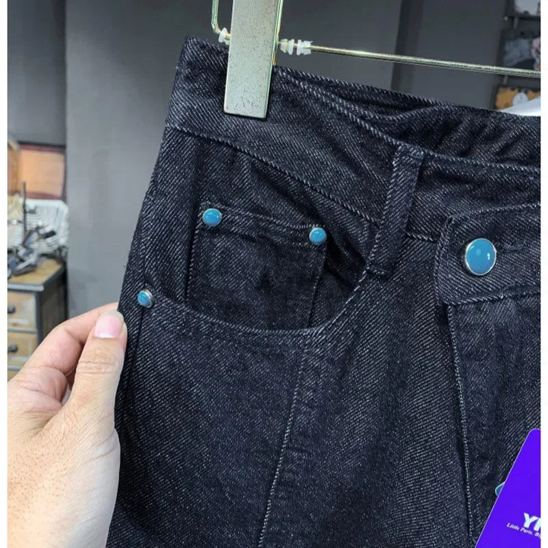 men streetwear splice denim fashion brand hip hop loose casual straight jeans pant cityboy deep blue y2k jeans trousers for men denim street jeans
