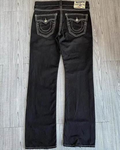true religion vintage hip hop street leisure denim pants y2k gothic fashion embroidered straight leg wide leg jeans men clothing unique jeans style 3775