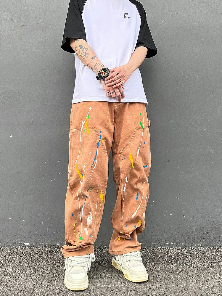 fashion graffiti printed denim jeans mens high street zipper straight jeans hip hop streetwear casual loose joggers jeans pants sporty tapered joggers