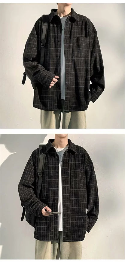 Streetwear Autumn Long Sleeve Corduroy Plaid Shirt Mens High Street Retro Casual Autumn Long Sleeve Corduroy Plaid Shirt Mens High Street Retro Casual Social Blouses Korean Fashion Loose Y2K Tee Shirts Fashion Sweater Jacket With Graphic Design For Men