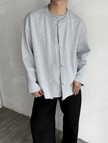 Streetwear New Casual Fake Two Piece Sweatshirts For Men Solid Color Henley Neck 2024 New Casual Fake Two Piece Sweatshirts For Men Solid Color Henley Neck Button Jackets Korean Fashion Loose Y2K Sudaderas Fashion Sweater Jacket With Graphic Design For Men